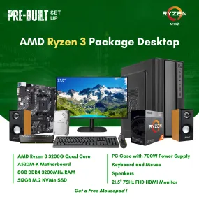 AMD Ryzen 3 3200G Quad Core | Vega 8 Graphics | A520M | 8GB DDR4 RAM | 512GB NVMe SSD | Keyboard | Mouse | Speaker | 21.5" LED Package Desktop