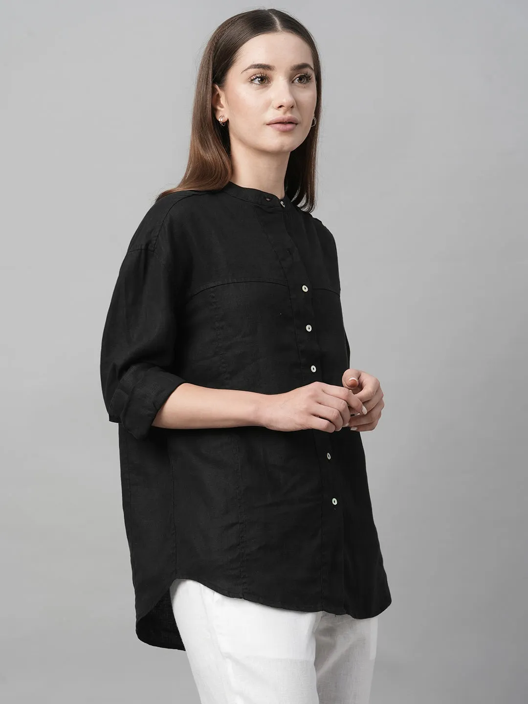 Women's Black Linen Loose Fit Blouse