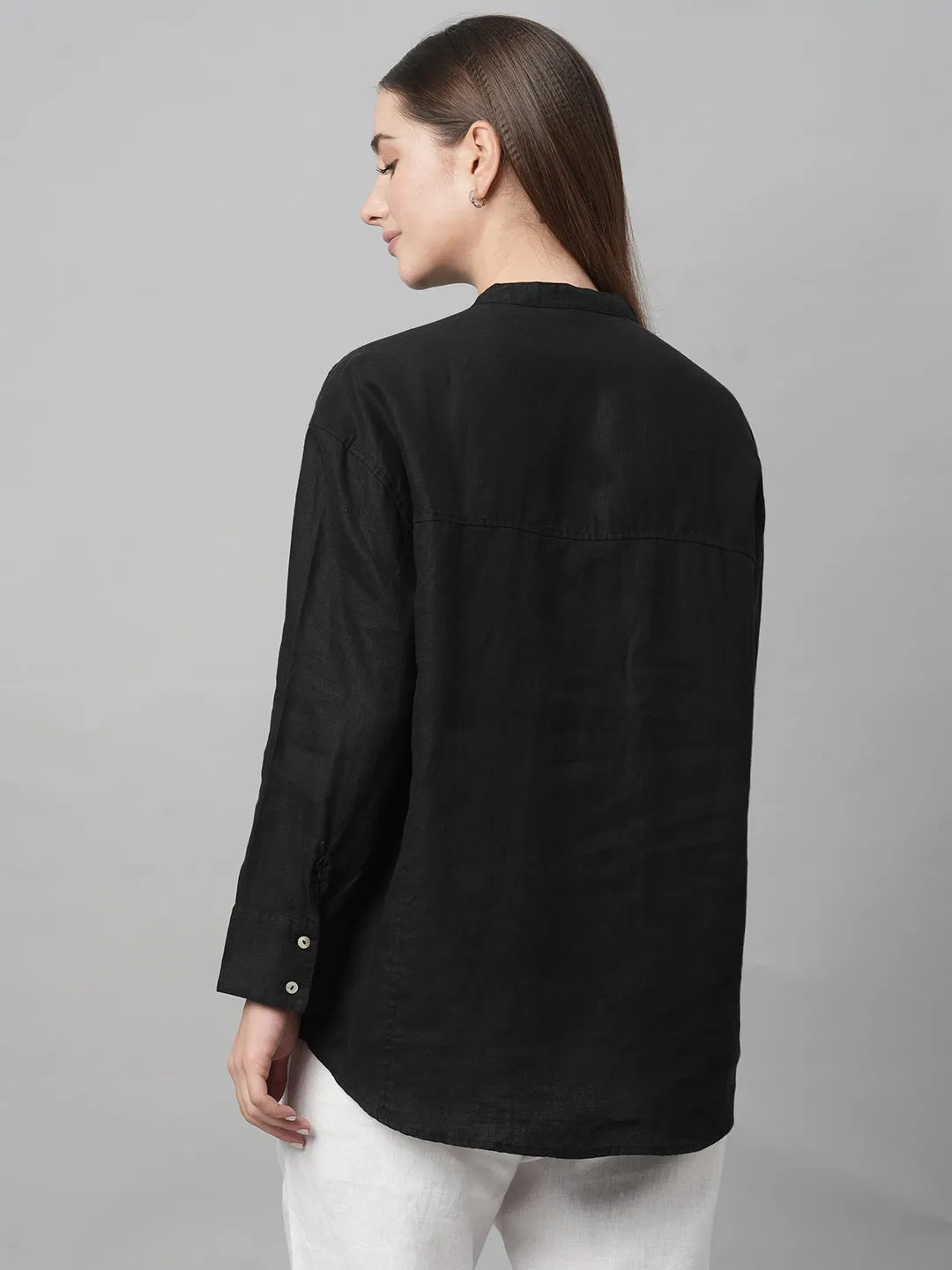 Women's Black Linen Loose Fit Blouse