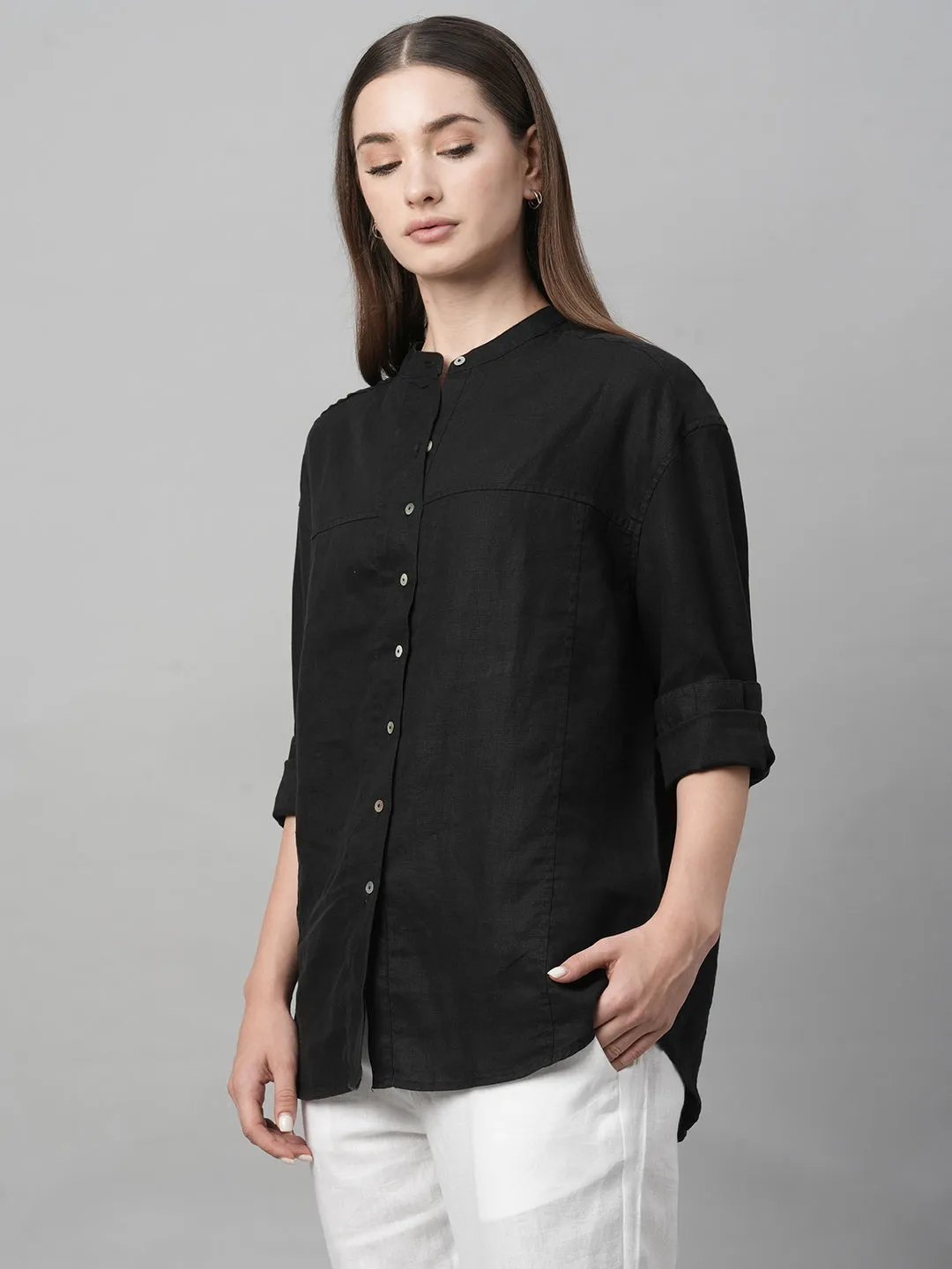 Women's Black Linen Loose Fit Blouse