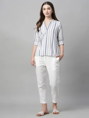 Women's Blue Cotton Linen Regular Fit Blouse